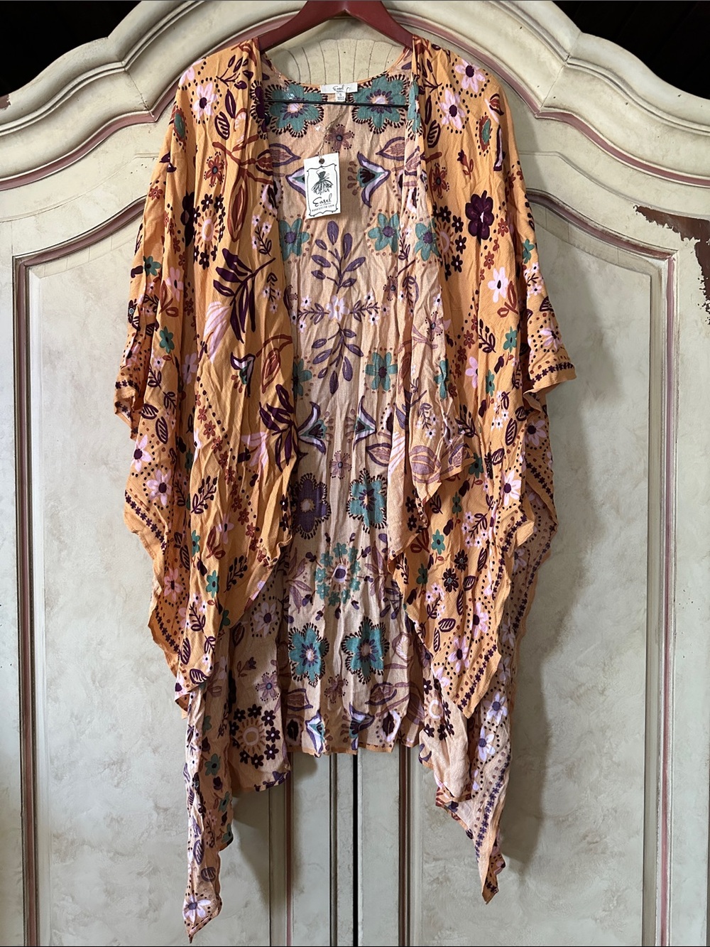 NWT Easel Floral Open Kimono - Mustard, Teal & Purple size Small
